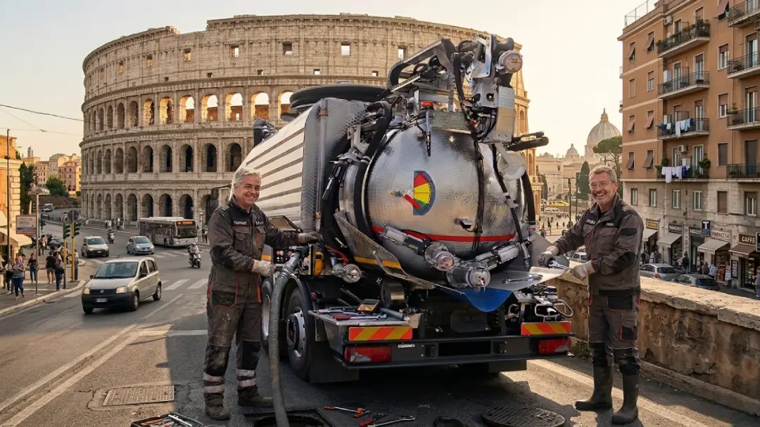 Il team di CM Autospurgo Roma con il mezzo professionale davanti al Colosseo